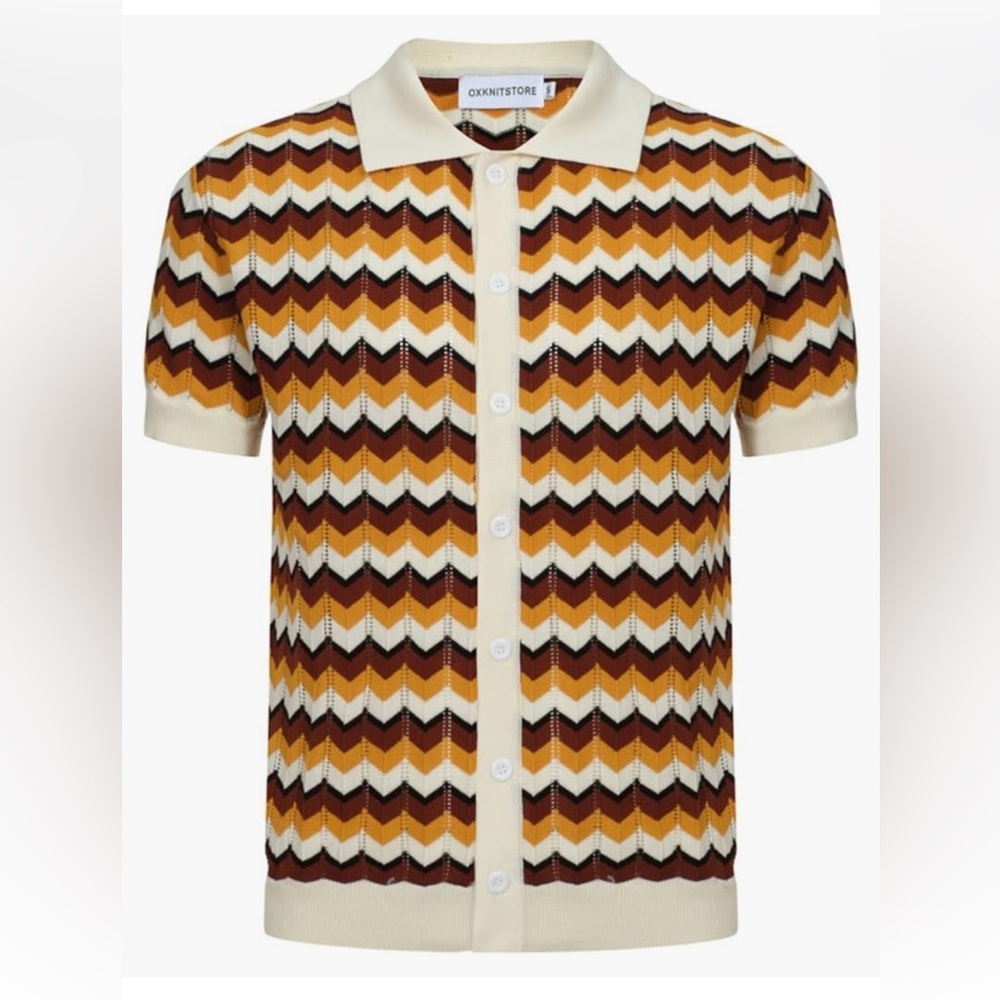 Oxknit 1960s Style Knit Mod Polo Sweater Shirt Yellow Brown Wave Retro Cotton M